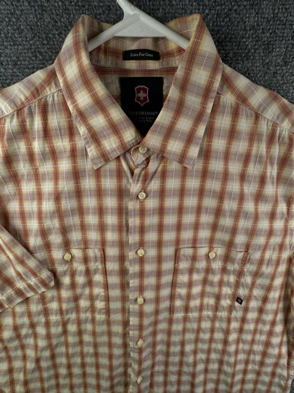 Victorinox Short Sleeve Extra Fine Cotton Button Up Shirt Plaid Large Beige **